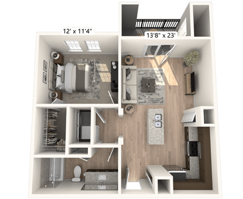 A 12 x 11.4 foot bathroom with a 13.8 x 23 foot kitchen.